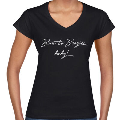 Born to Boogie Women's V-Neck T-Shirt - White font Thumbnail