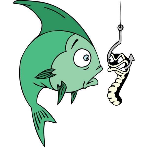 green fish staring at angry worm on fishing hook Thumbnail